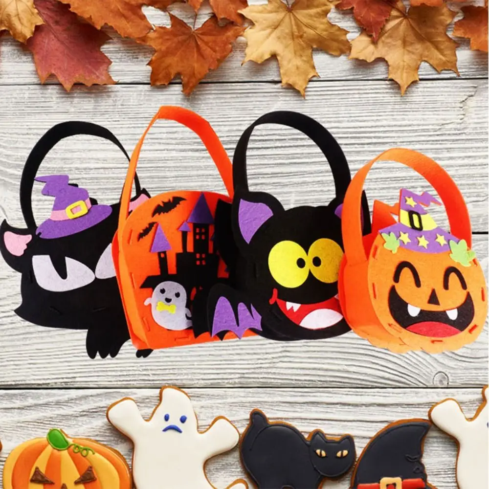 Sac fourre-tout de dessin animé mignon pour Halloween, sac à bonbons, sac à main de festival, panier d'araignée fantôme, tour ou chat soucieux, 4 pièces