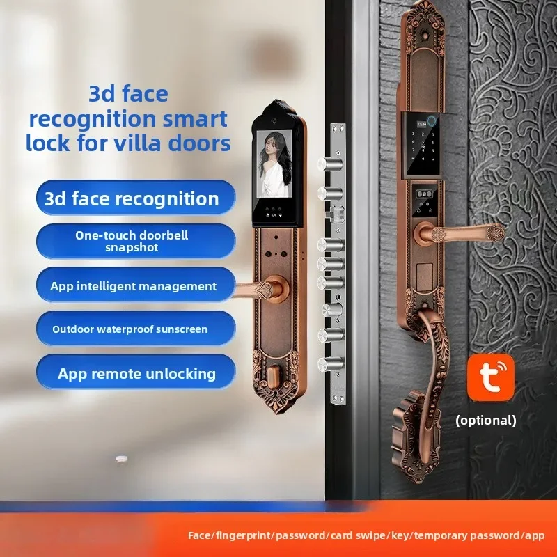 Waterproof, antifreeze and sunscreen outdoor folio door, European-style villa fingerprint password smart lock wooden door