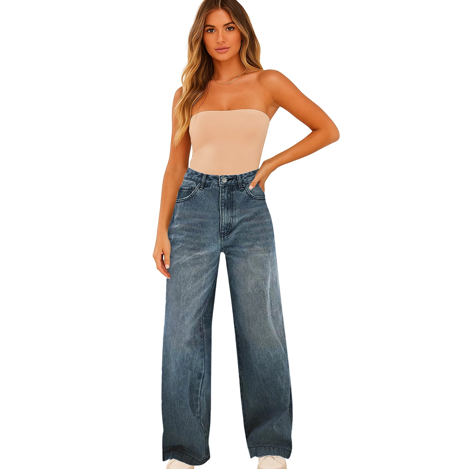 กางเกงยีนส์ผู้หญิงแฟชั่นสีพื้นมีกระเป๋า สไตล์ลำลองอเนกประสงค์ ทรงขาตรง เอวต่ำ ใส่สบายสำหรับฤดูใบไม้ผลิและฤดูใบไม้ร่วง