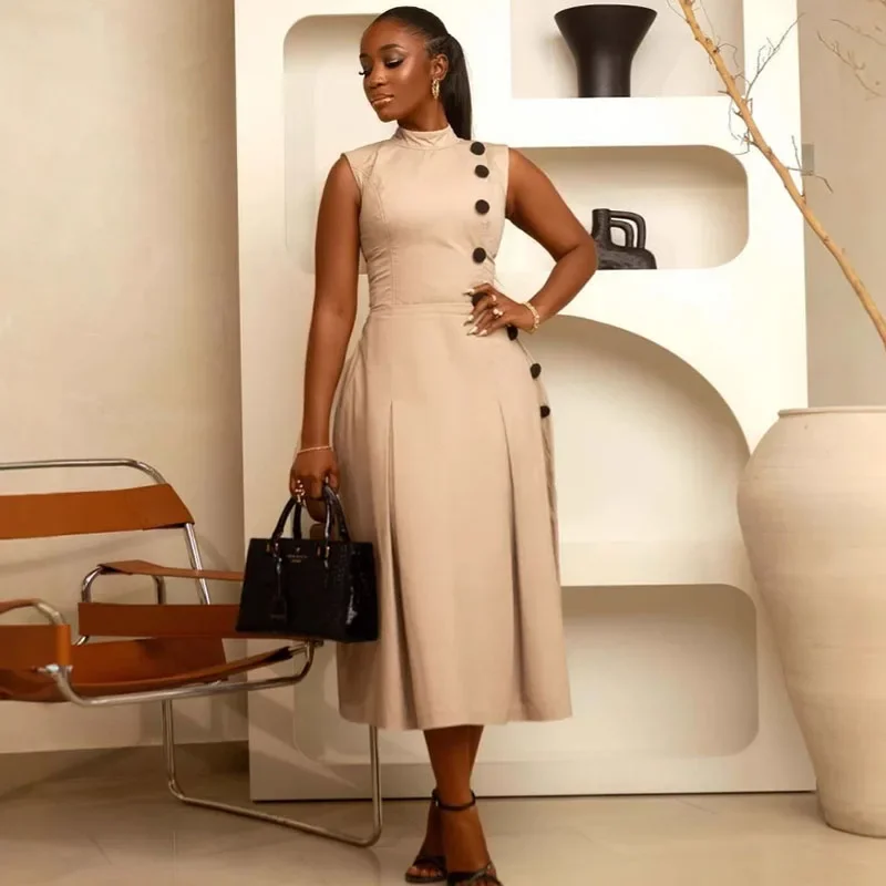 

Doyerl элегантное платье макси трапециевидной формы женское однобортное офисное женское платье без рукавов для работы вечерние клубные длинные платья Vestido Midi