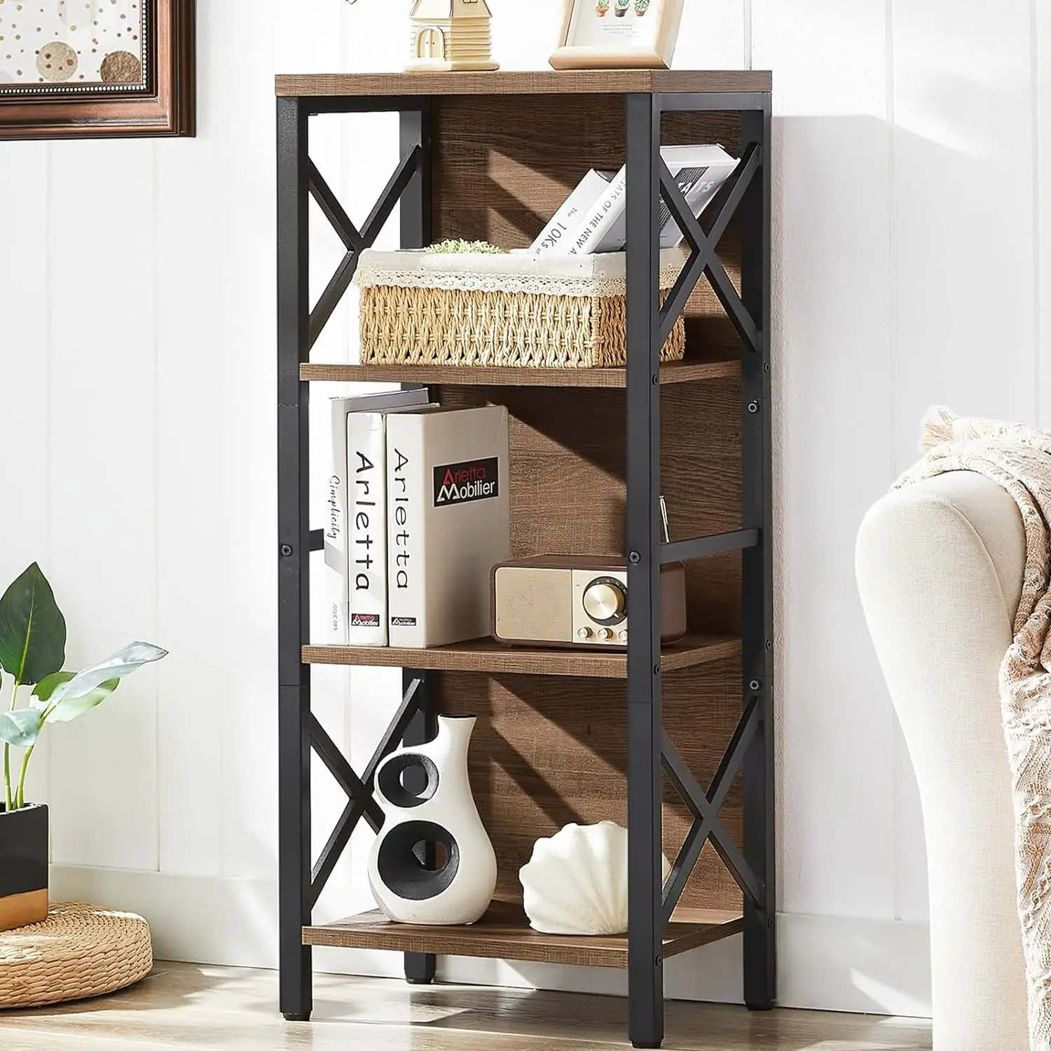 

4-Tier Industrial Bookshelf with Metal Frame, Narrow Rustic Brown Bookcase for Small Spaces – Living Room, Bedroom, Home