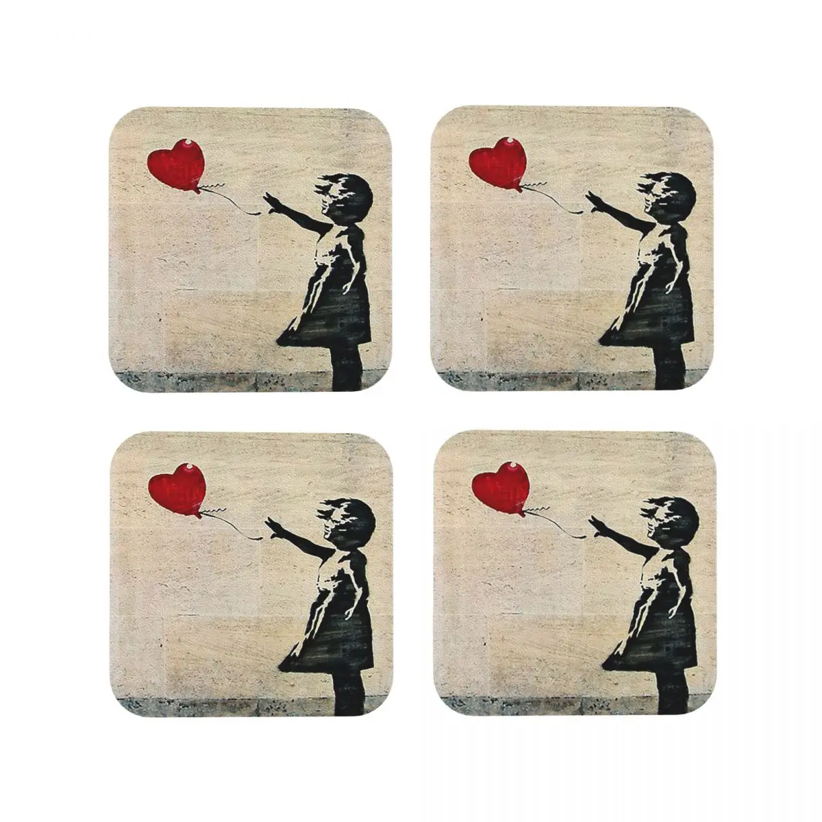 Banksy's Girl With A Red Balloon Coasters Kitchen Placemats Non-slip Insulation Cup Mats For Decor Tableware Pads Set of 4