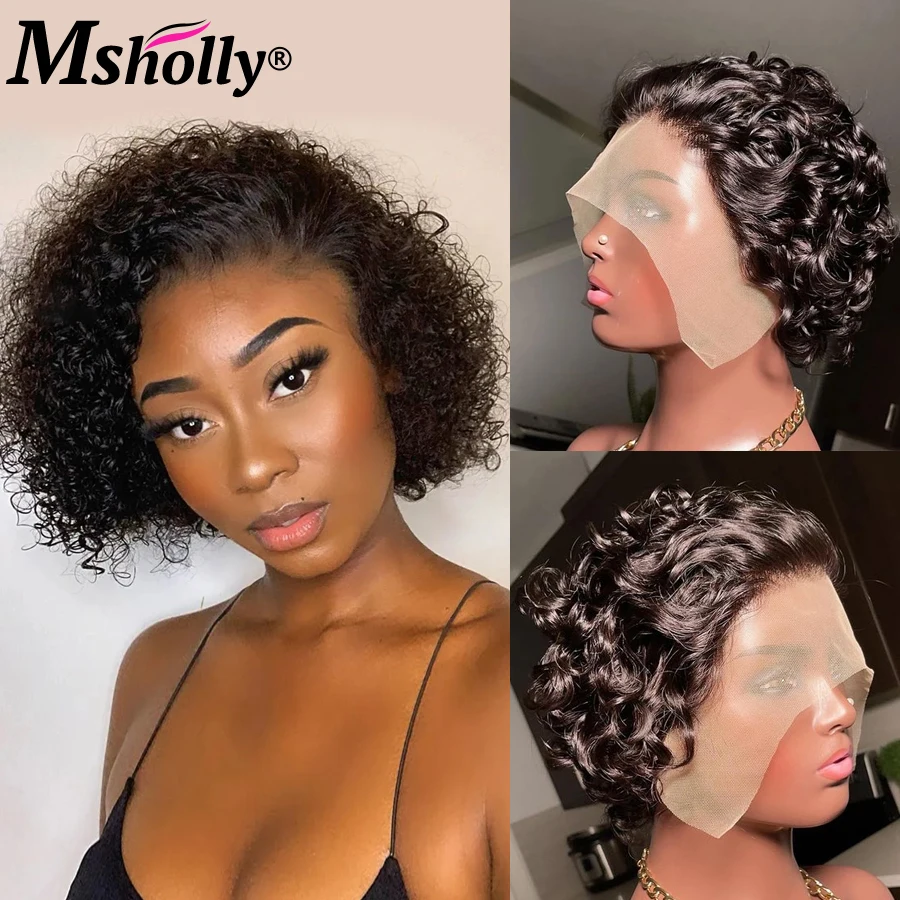 

Short Jerry Curly Wig 13x1 Transparent Lace Front Wigs Pixie Cut Pre Plucked With Baby Hair Wig For Women Brazilian Remy Wigs