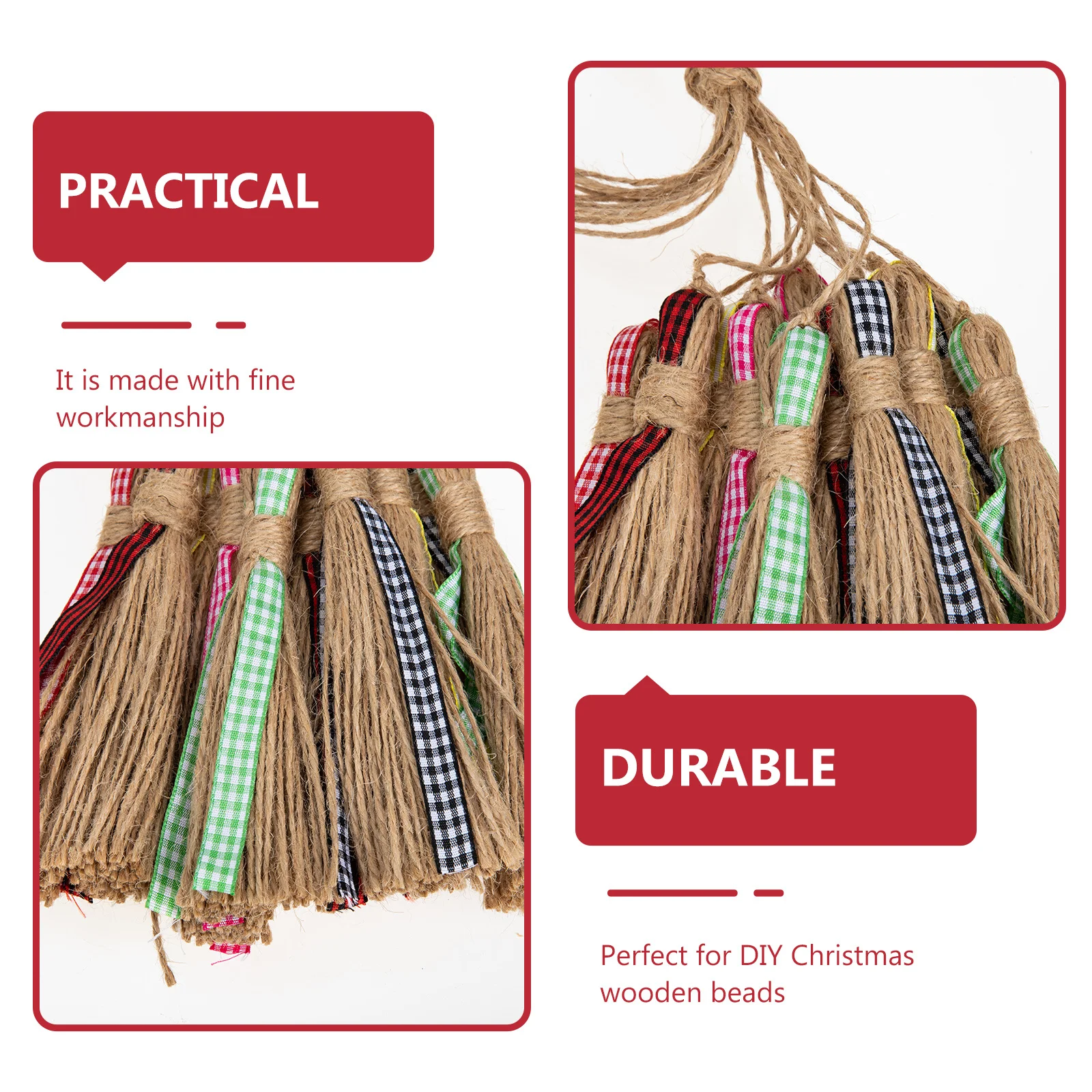 12Pcs Rumbai Jute Alami Rustic, Tali Rami Liontin DIY, Manik-Manik Kayu untuk Kerajinan, Rumbai Tali DIY, Manik-Manik Kayu Rumbai