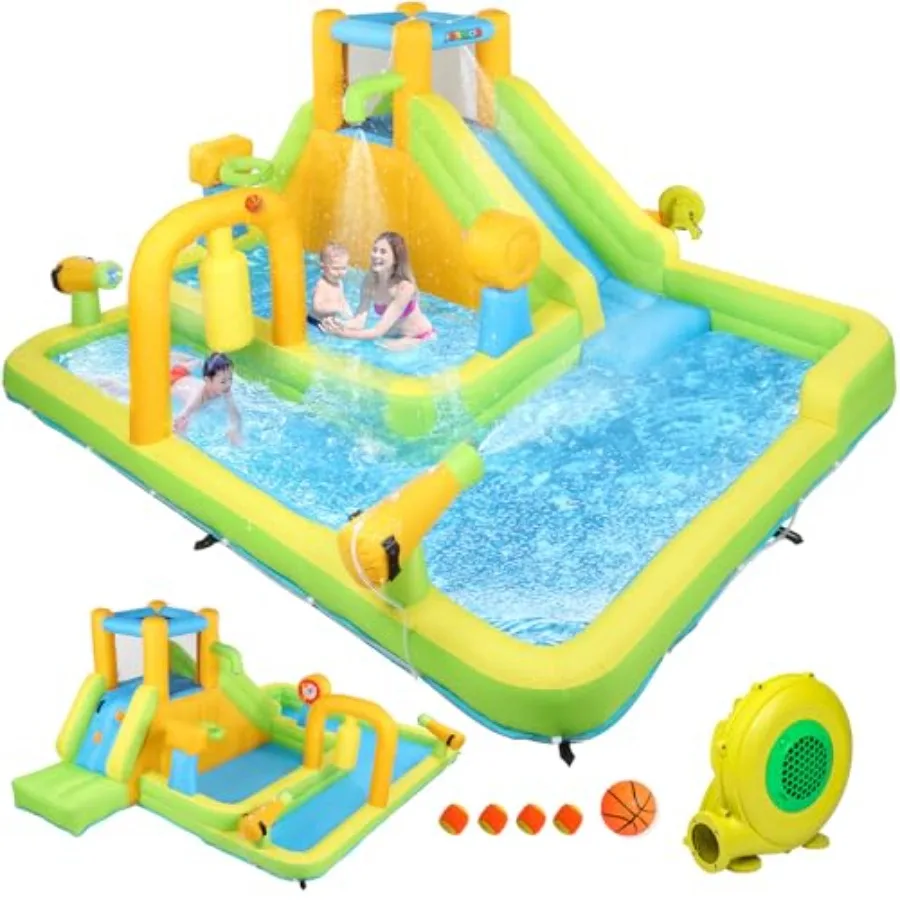 Backyard party inflatable water slide with obstacle course, climbing wall, deeper pool; PVC material; yellow and green; 10-in-1