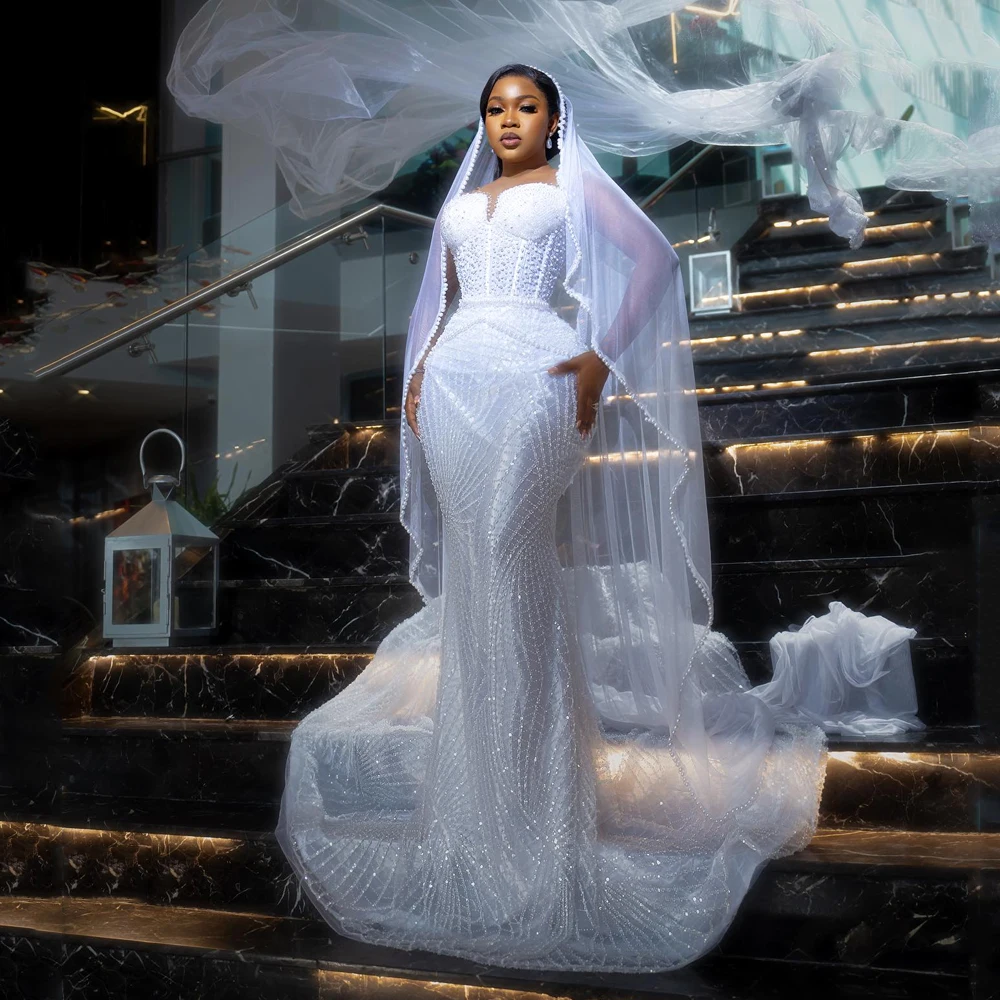 

African Wedding Dress Beaded Crystal High Neck Sleeveless Lace Long Luxury Bridal Dress Beaded Civil Country Bride Customized
