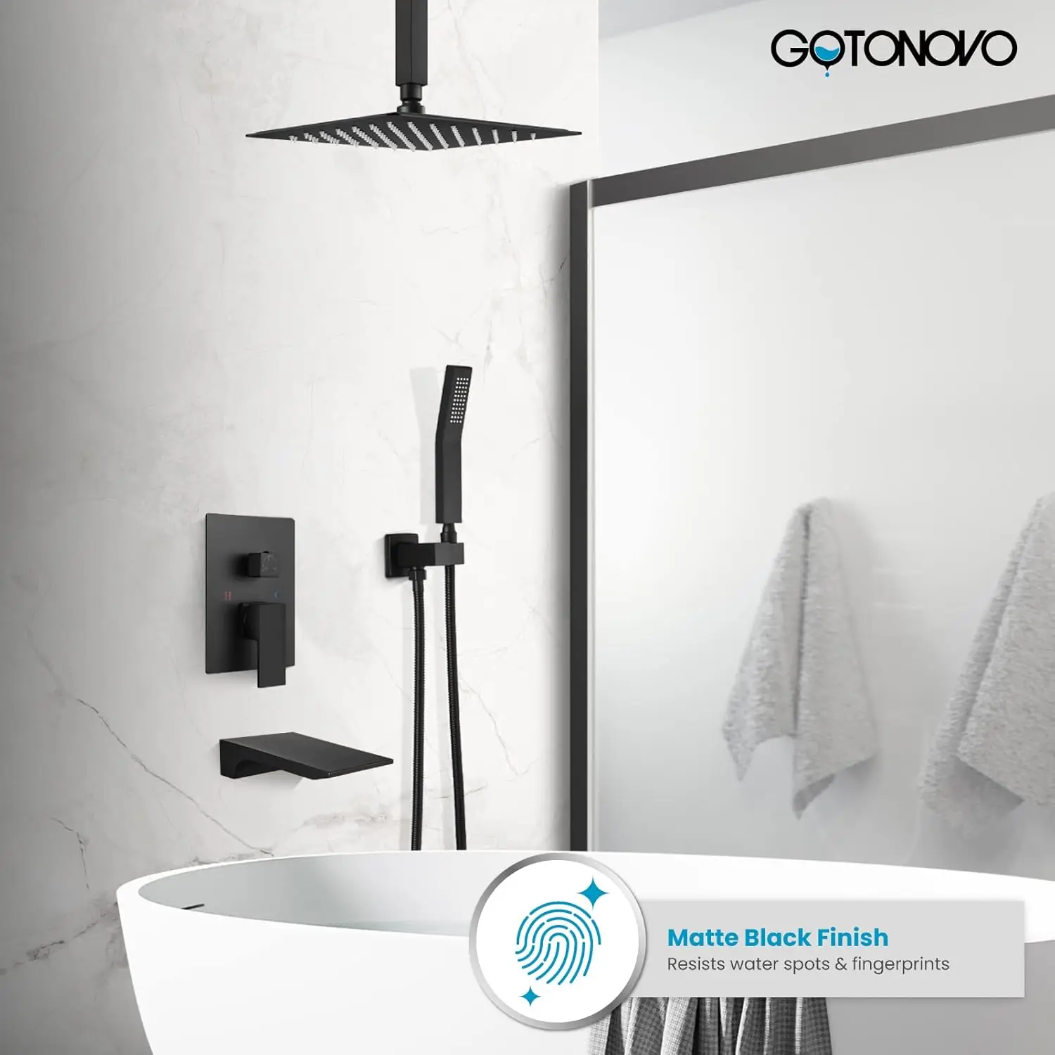 Gotonovo 12 Inch Matte Black Shower System Ceiling Mount Triple Function Bathroom Shower Faucet Set With Tub Spout High