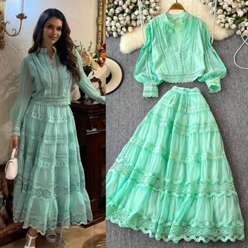 

Women Two Piece Skirt Sets Full Sleeve Tops Stand Collar Spliced Casual A Line High Waist Long Skirts Elegant Lady Summer