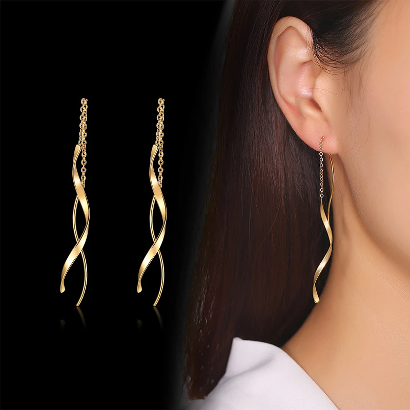 Womens Spiral Bar Chain Threader Earrings Long Drop Earrings Gold silver color Stainless Steel Curved Twist Dangle Earrings