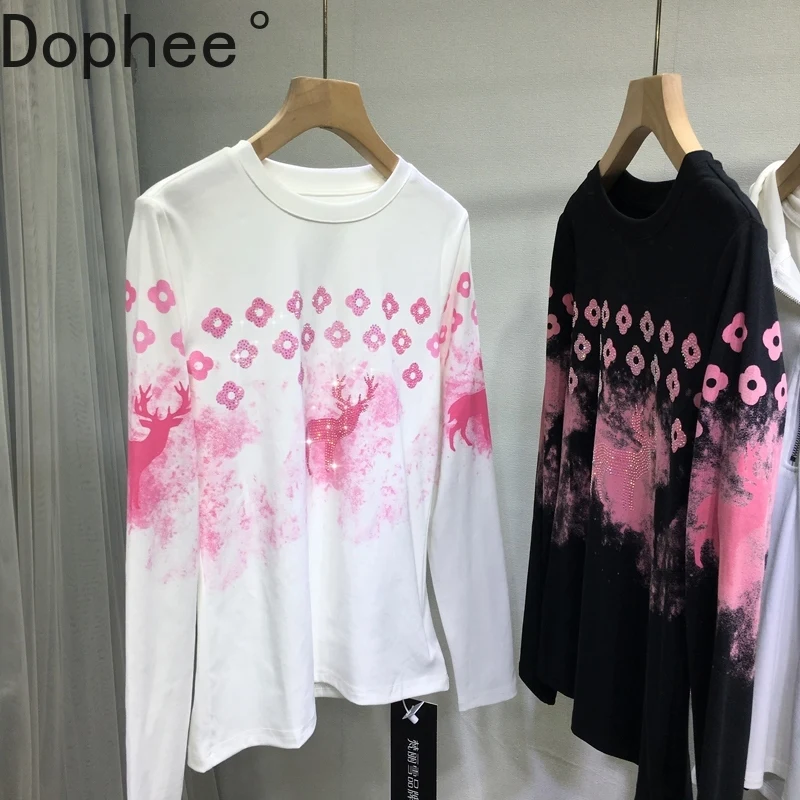 Camiseta de manga larga de talla grande para mujer, camisetas básicas ajustadas de algodón con cuello redondo, jersey de lujo con perforación en caliente para otoño e invierno