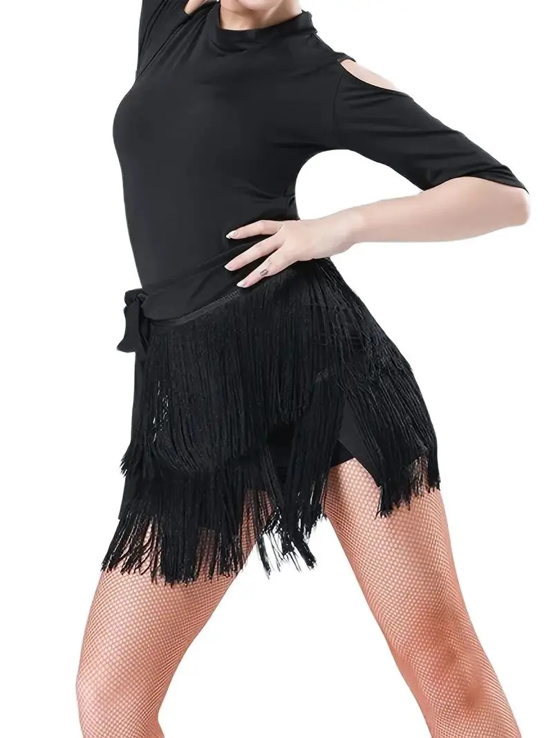 Women Clothing Black Tassel Trim Hip Wrap Skirt 1pc Asymmetrical Hem Latin Tango Ballet Dance Short Skirt