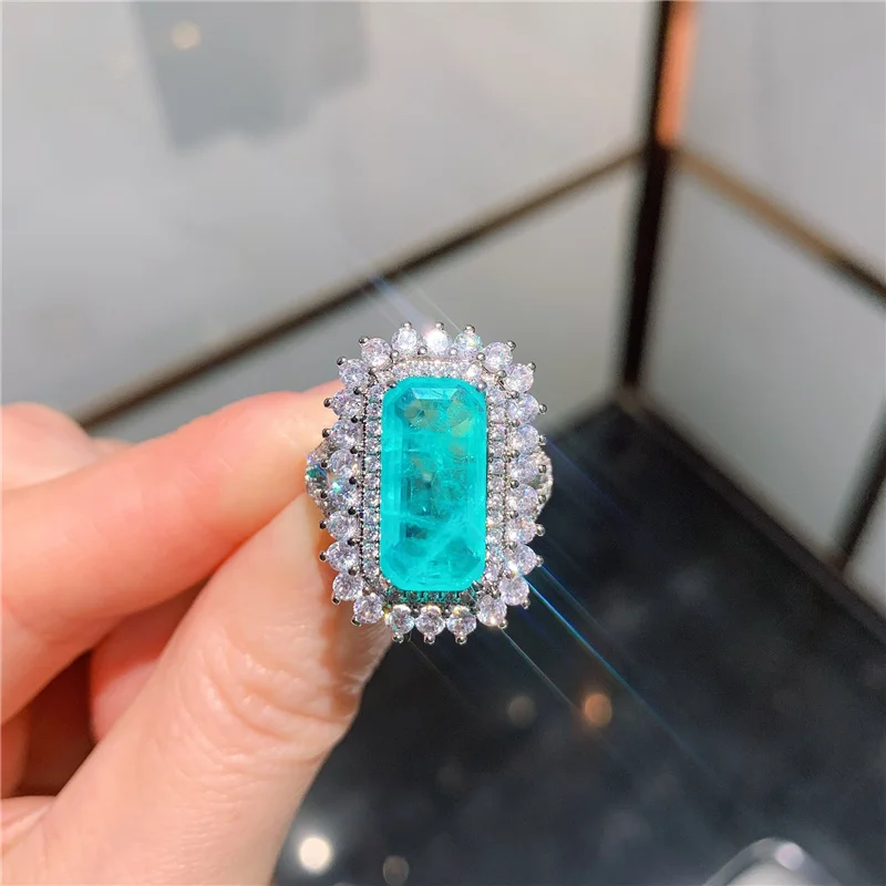 

Имитация кольца Параиба для женщин 3,3*2,3 см, драгоценный камень, ювелирные изделия, серебряный цвет, ретро-стиль, винтажные роскошные аксессуары для вечеринок