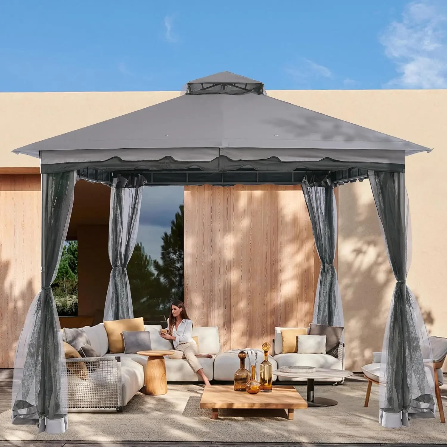 FAB BASED 10x10ft Patio Gazebo with Mosquito Netting and Sand Bag, Fireproof Enclosure & Waterproof Screen Tent, Garden Pavilion