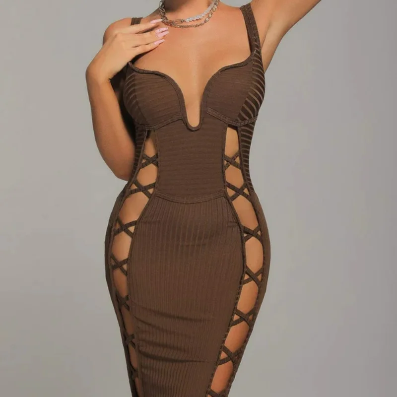 

Sexy Hot Girls Bandage Dress Women Hipsy Hollow Low-cut European and American Tight Backless V-neck Suspender Style Clothing