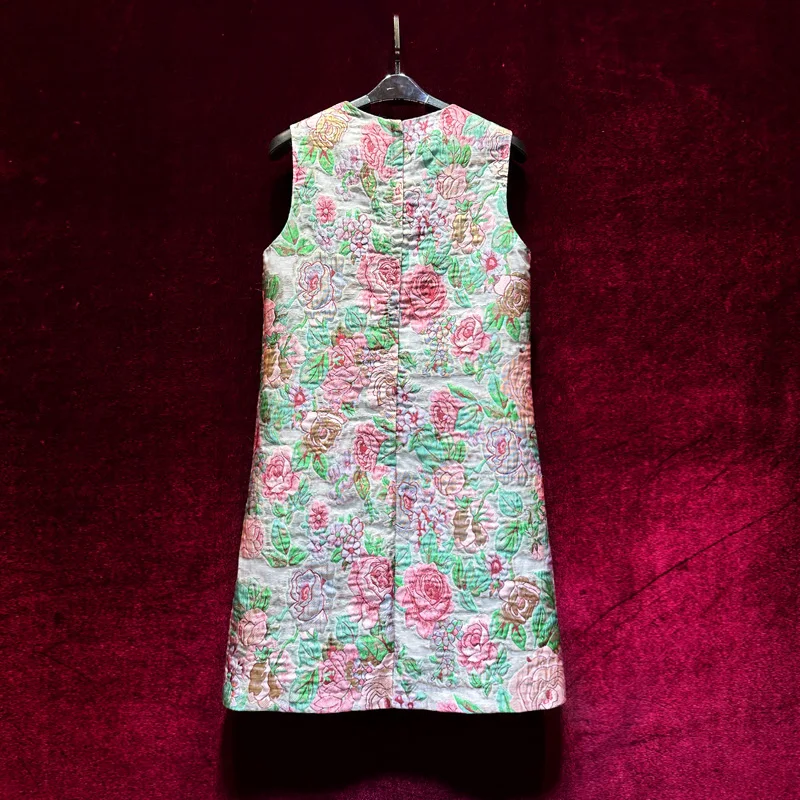 ラグジュアリーダイヤモンドビーズジャカードショートAラインドレス2025新作夏ノースリーブミニドレスエレガントレディOネック女性タンクドレス