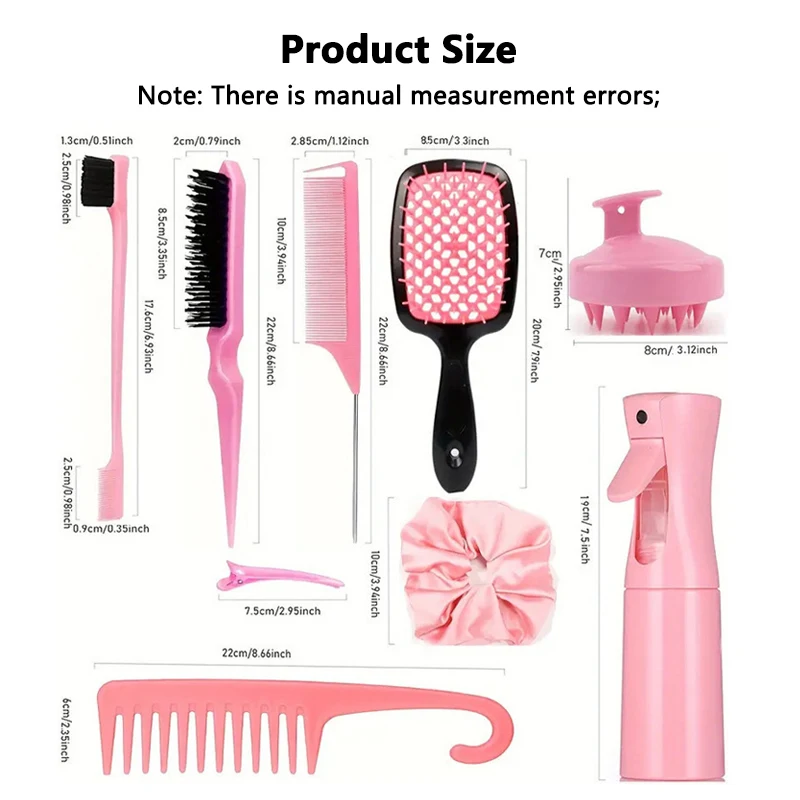 12 قطعة مجموعة مشط تصفيف الشعر مع زجاجة رذاذ مكافحة ساكنة وفك تشابك أمشاط الحافة وذيل الجرذ فرشاة تدليك فروة الرأس