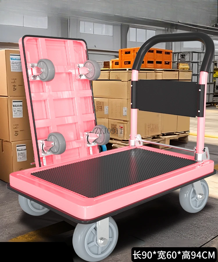 Pink trolley to pull goods, light hand push truck, flat folding trolley