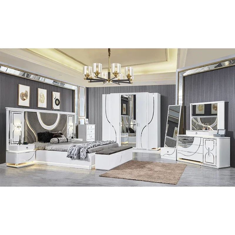 z White Modern Home Wooden Frame King Size Bed Double Lighted Headboard Wood Full Luxury Bedroom Sets Furniture