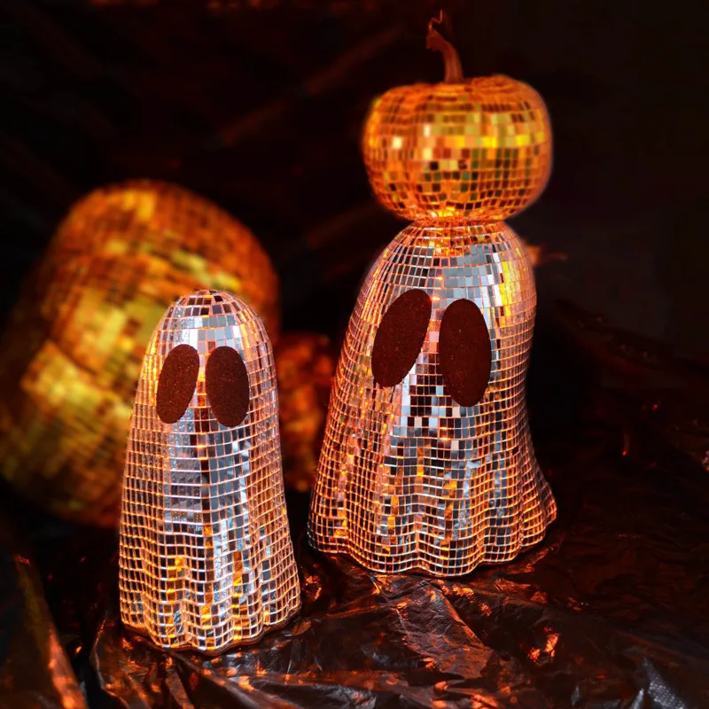 Mirror Mosaic Ghost Statue Halloween Decoration Silver Disco Figurine Tabletop Ornament Home Room Party Decor Gift