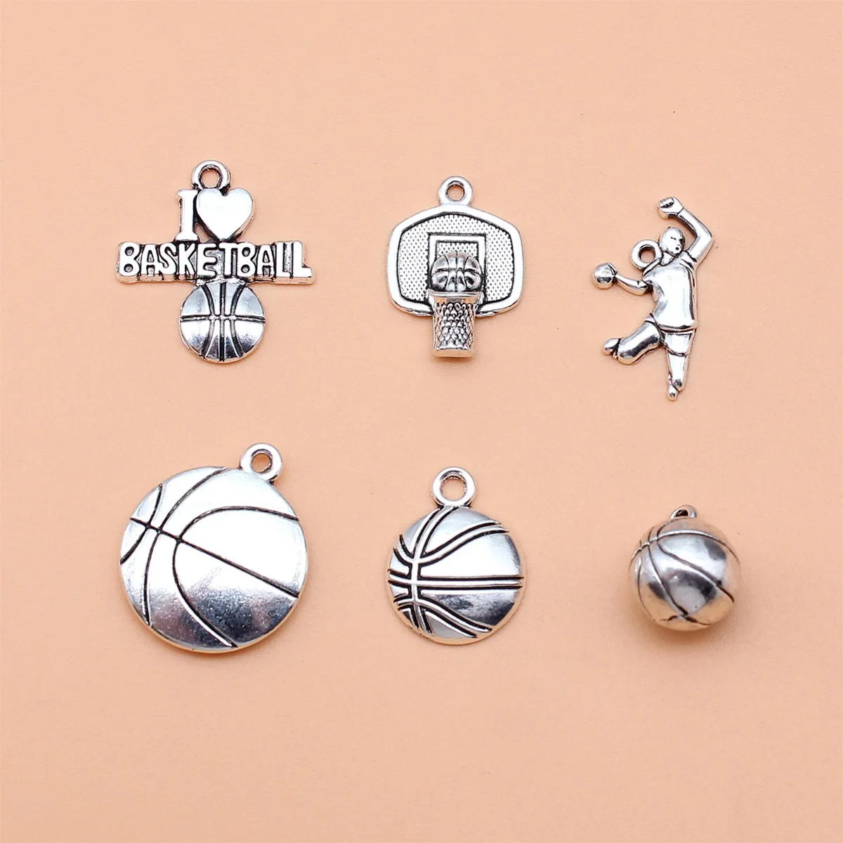 6pcs Antique Silver Color Basketball Charms Collection For DIY Jewelry Making, 6 Styles, 1 of Each