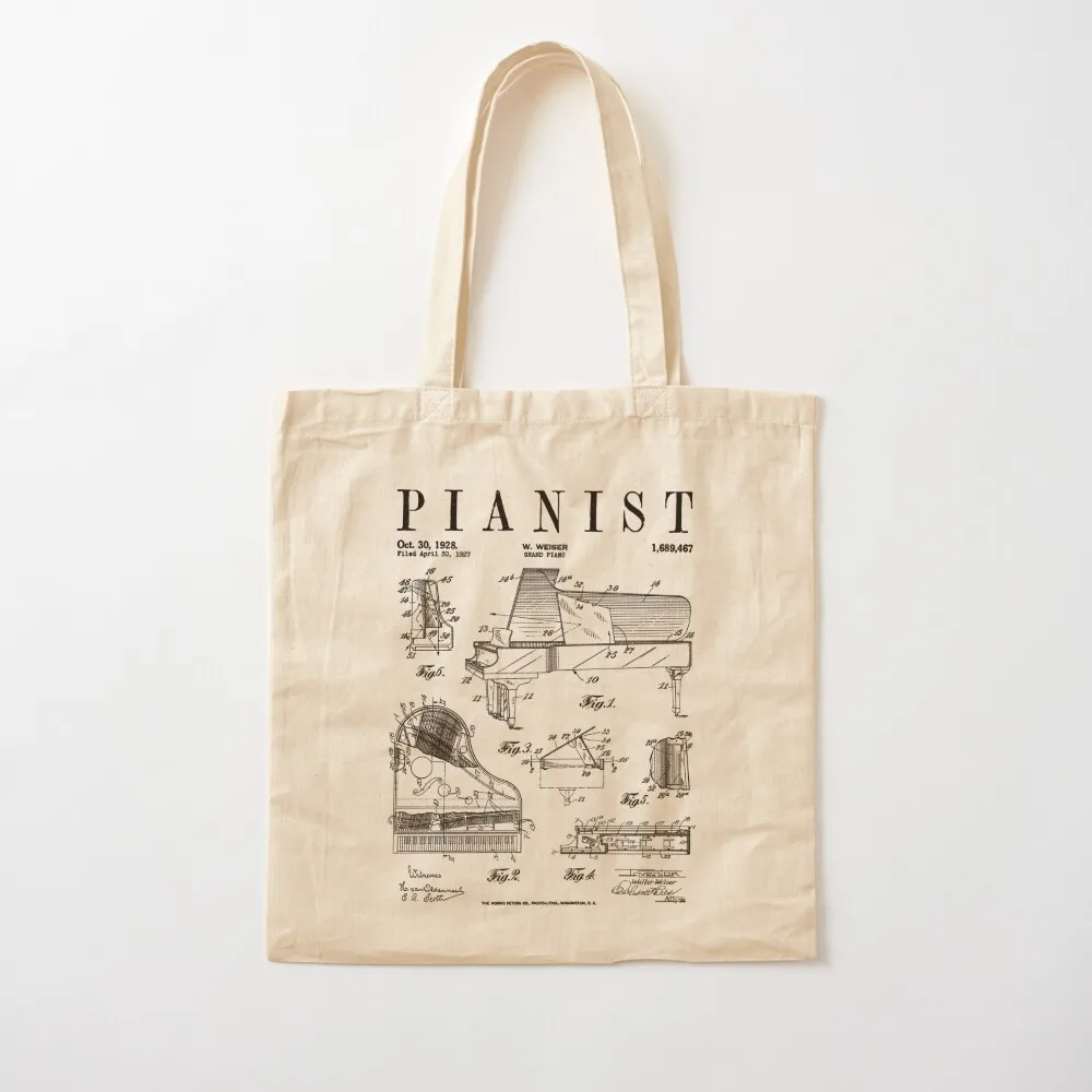 Grand Piano Old Vintage Patent Pianist Drawing Print Tote Bag tote bag men bags for women Shopper handbag Canvas Tote Bag