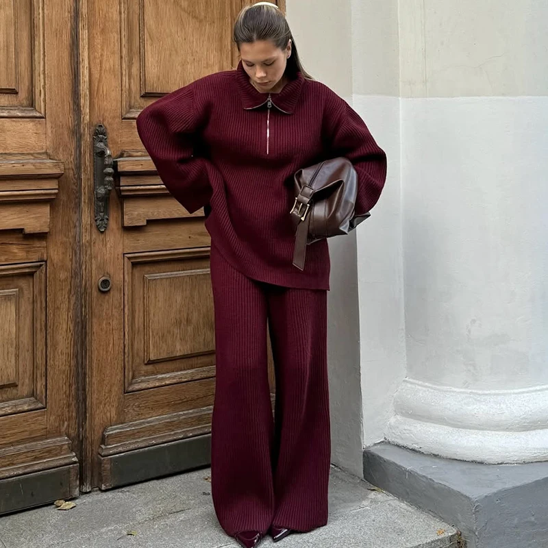 

TARUXY Knitted Sweater 2-Piece Set Women's Long Sleeved Lapel Pullover Top Wide Leg Pant Suit 2025 Fall Winter New Casua Fashion