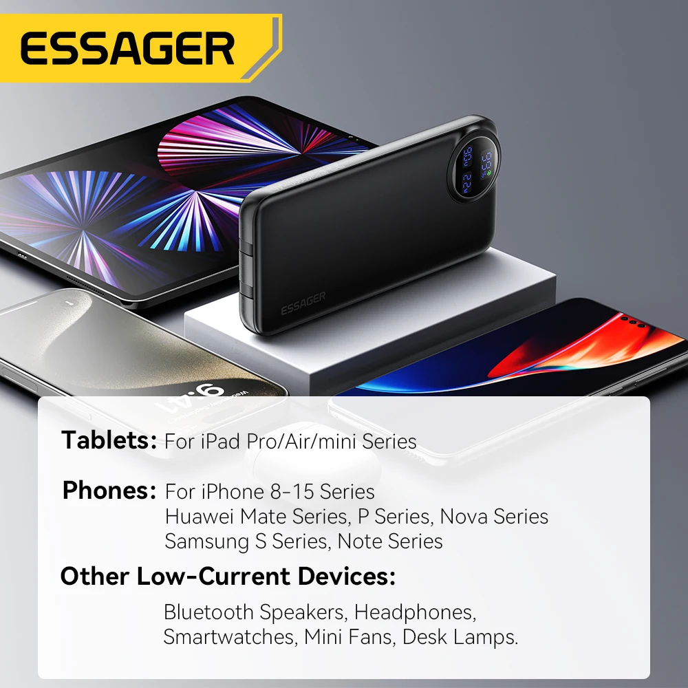 Essager 20000mAh Portable Power Bank With 2 Cables 22.5W Digital Display Powerbank For iPhone 15 14 Samsung Huawei Power Bank