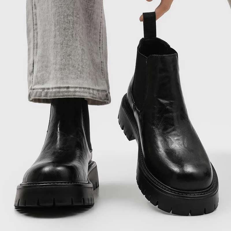 large size men casual business office chelsea boots slip-on natural leather shoes cowboy platform boot black trendy ankle botas