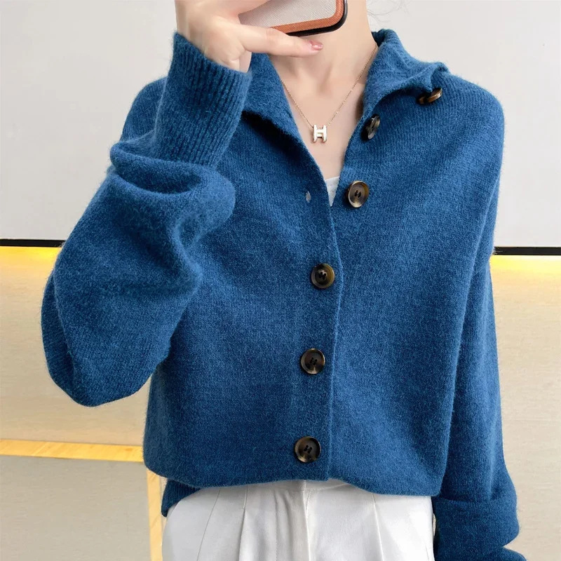 Autumn And Winter New Soft Knitted Turtleneck Jacket Women's Loose All-Match Button Blended Wool Pure Color Delicate Cardigan