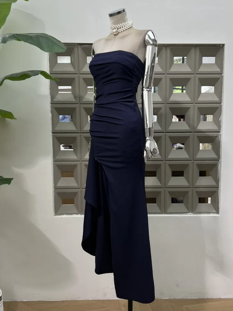 DFDG 2025 Wiosna Lato Damska Asymetryczna Sukienka Plisowana Seksowna Sukienka z Wysokim Rozcięciem typu Tube, Dopasowana, na Wesele, Koktajl, Imprezę Formalną