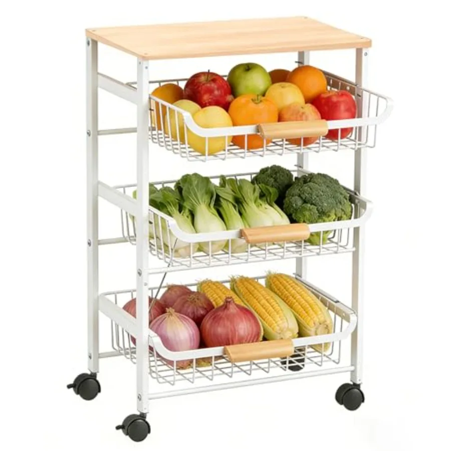 

4-уровневая корзина для фруктов на кухонную столешницу, многофункциональная тележка-органайзер на колесиках с деревянной столешницей, передвижная кухонная тележка для хранения