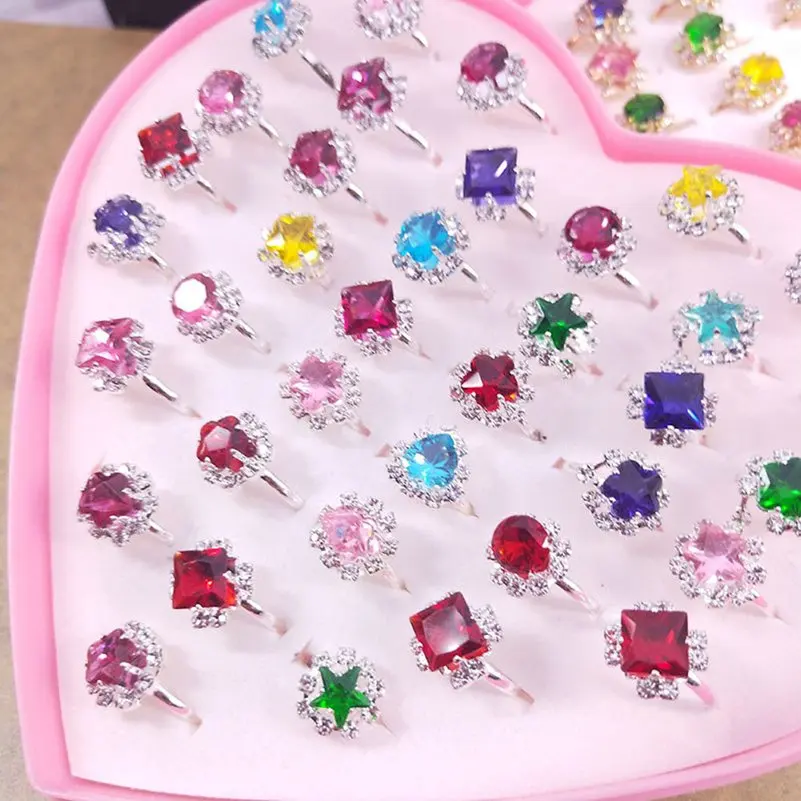 36Pcs/Box New Kids Rings Princess Children Girls Crystal Flower Alloy Finger Ring Child Jewelry Gift Adjustable Rings