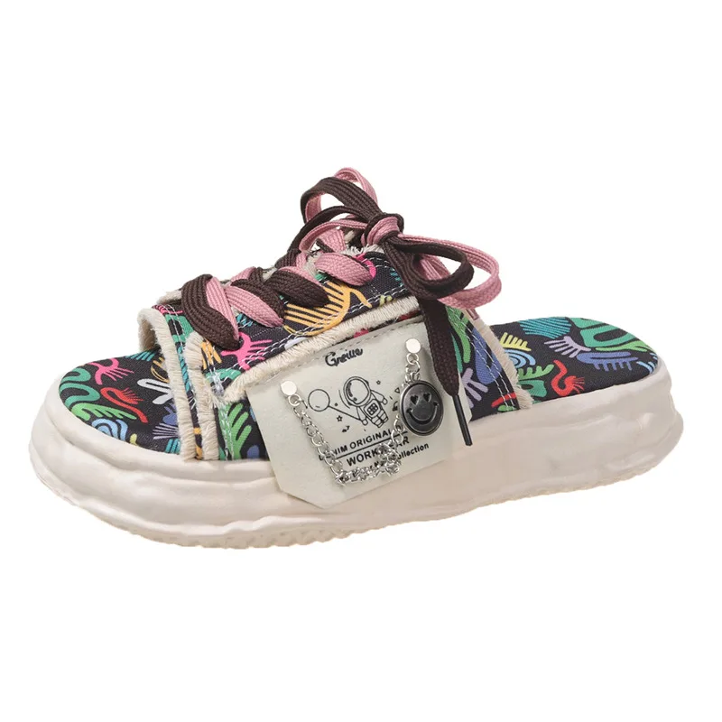 Zapatillas con diseño de grafiti para mujer, zapatos de plataforma, sandalias de calle, zuecos planos informales