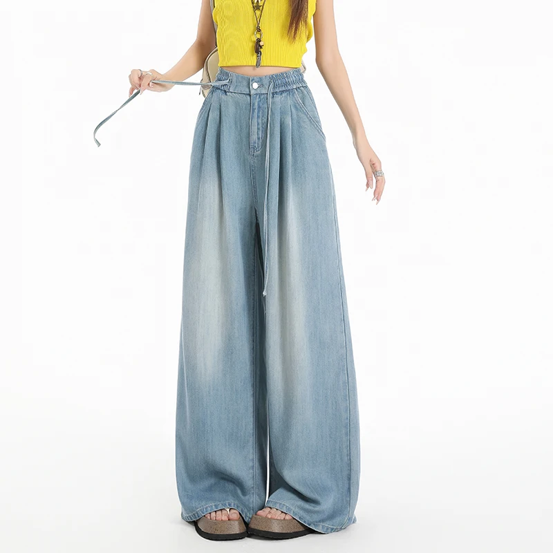 KSTUN 2026 Summer 100% Lyocell Wide-leg Jeans Women Loose Soft-fall Pants Graceful Drape Trousers Cool Breathable Elastic Waist