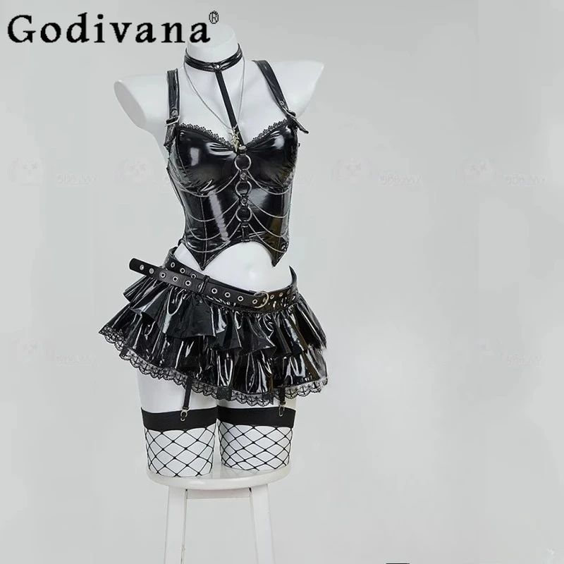 

Girls Gothic Style Black Lingerie Set Women Cami Top and Mini Skirt with Sleeves and Necklace Cosplay Costume for Halloween