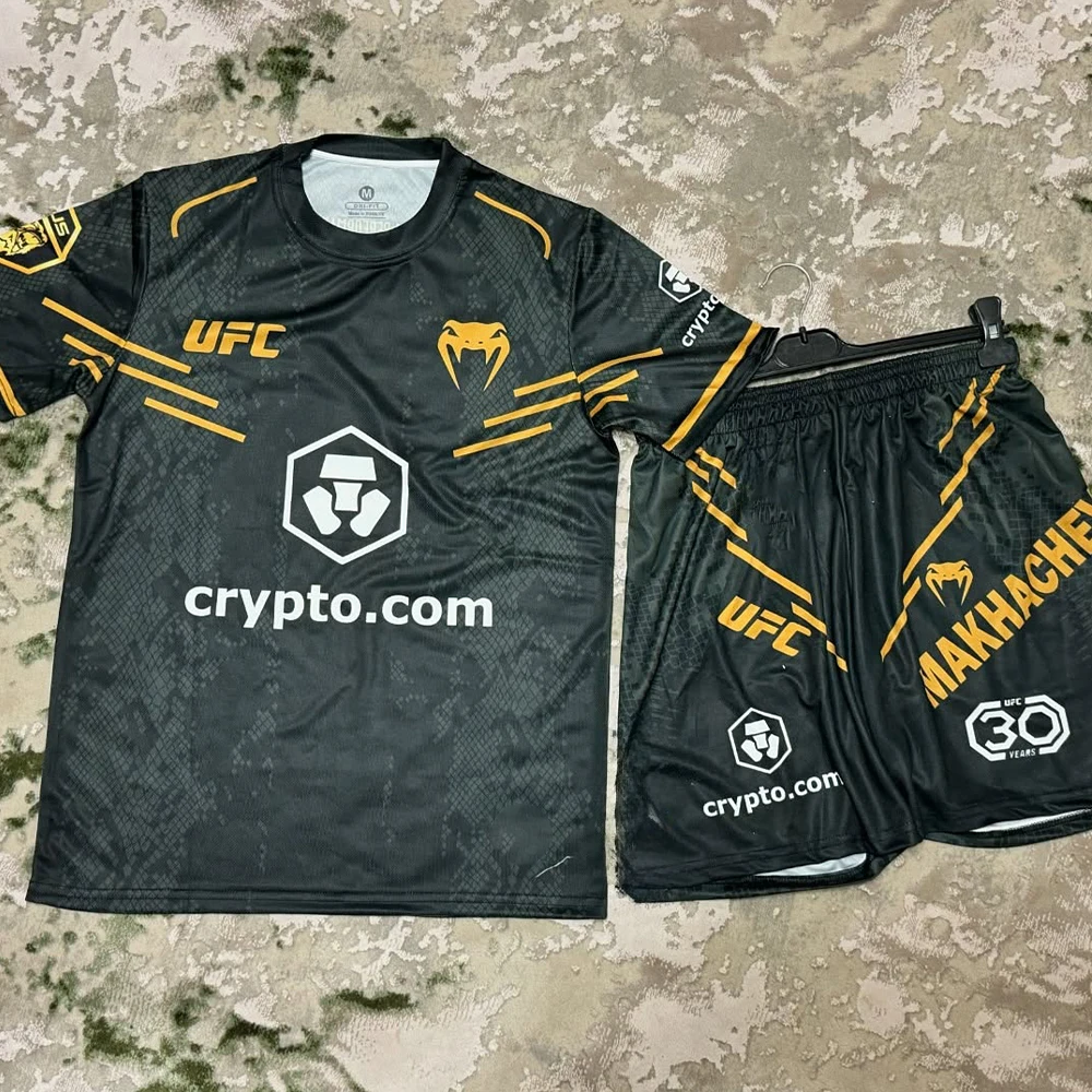 UFC Fighting Night IslamMakhachev Boxing Set Men Black MMA Oversized Breathable Speed Drying Fighting Short Sleeve Shorts