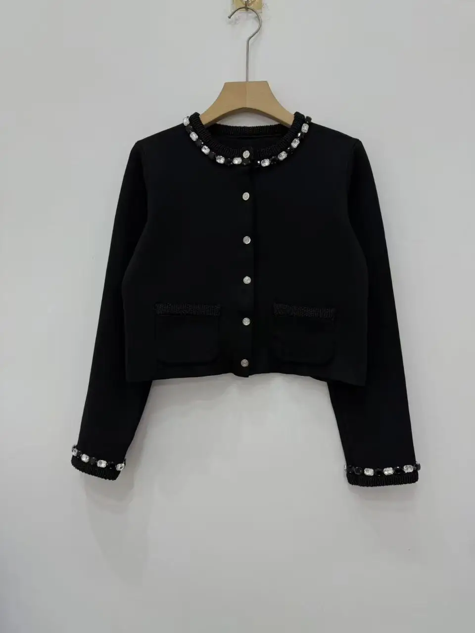 

Diamond Decoration Women Black Knit Mini Robe O-Neck Sleeveless Short Dress+Single Breasted Knitted Sweater Cardigan Fashion Set