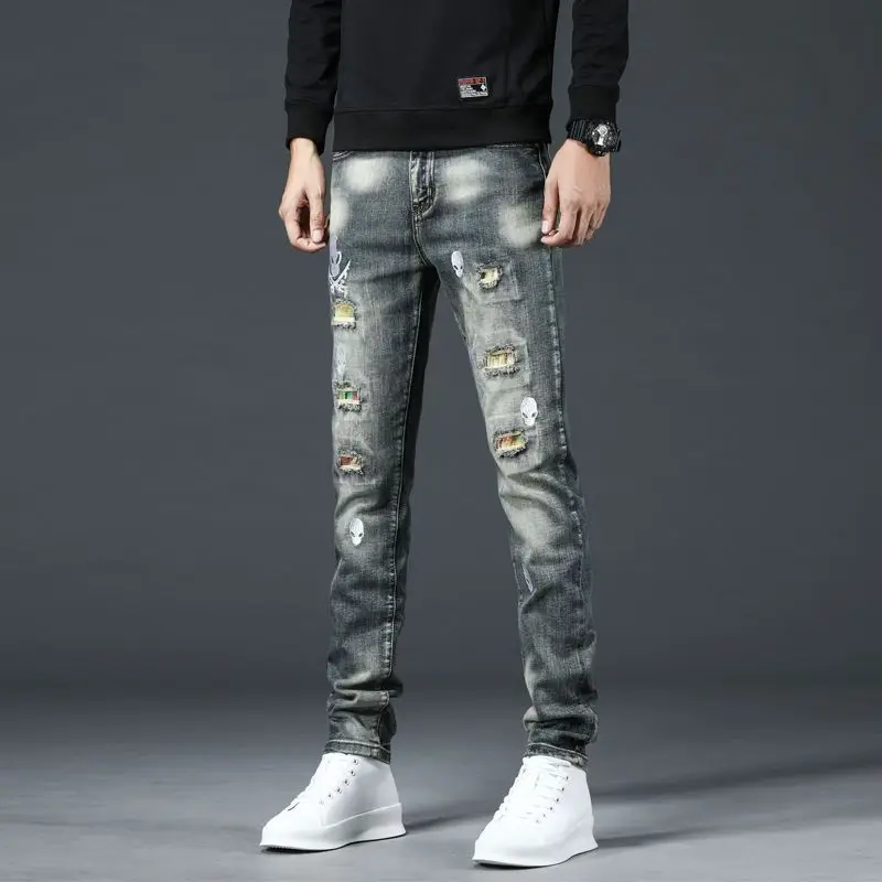 

Fashionable ripped jeans men's skull embroidered autumn retro patch personality motorcycle pattern loose straight pants