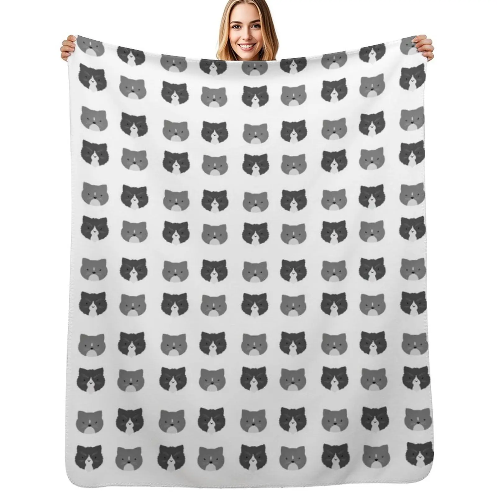 Grey and Black Tuxedo Cats Head Pattern Throw Blanket All Weather Soft Throw Blanket for Sofa