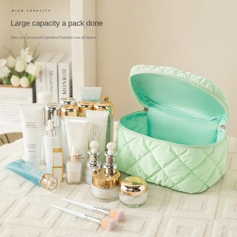 3pcs/set Nylon Cotton Quilted Makeup Bag Solid Color Large Capacity Toiletry Cosmetic Pouch Multi-function Zipper