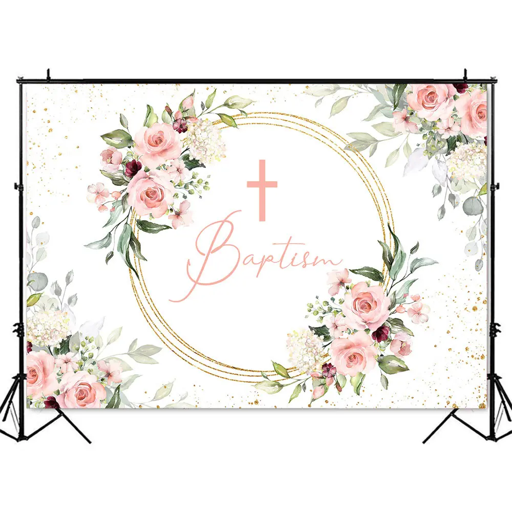 Baptism Baby Shower Backdrop for Girls God Bless Photo Background Pink Flowers Gold Glitter Shining Dots Photocall Backdrops