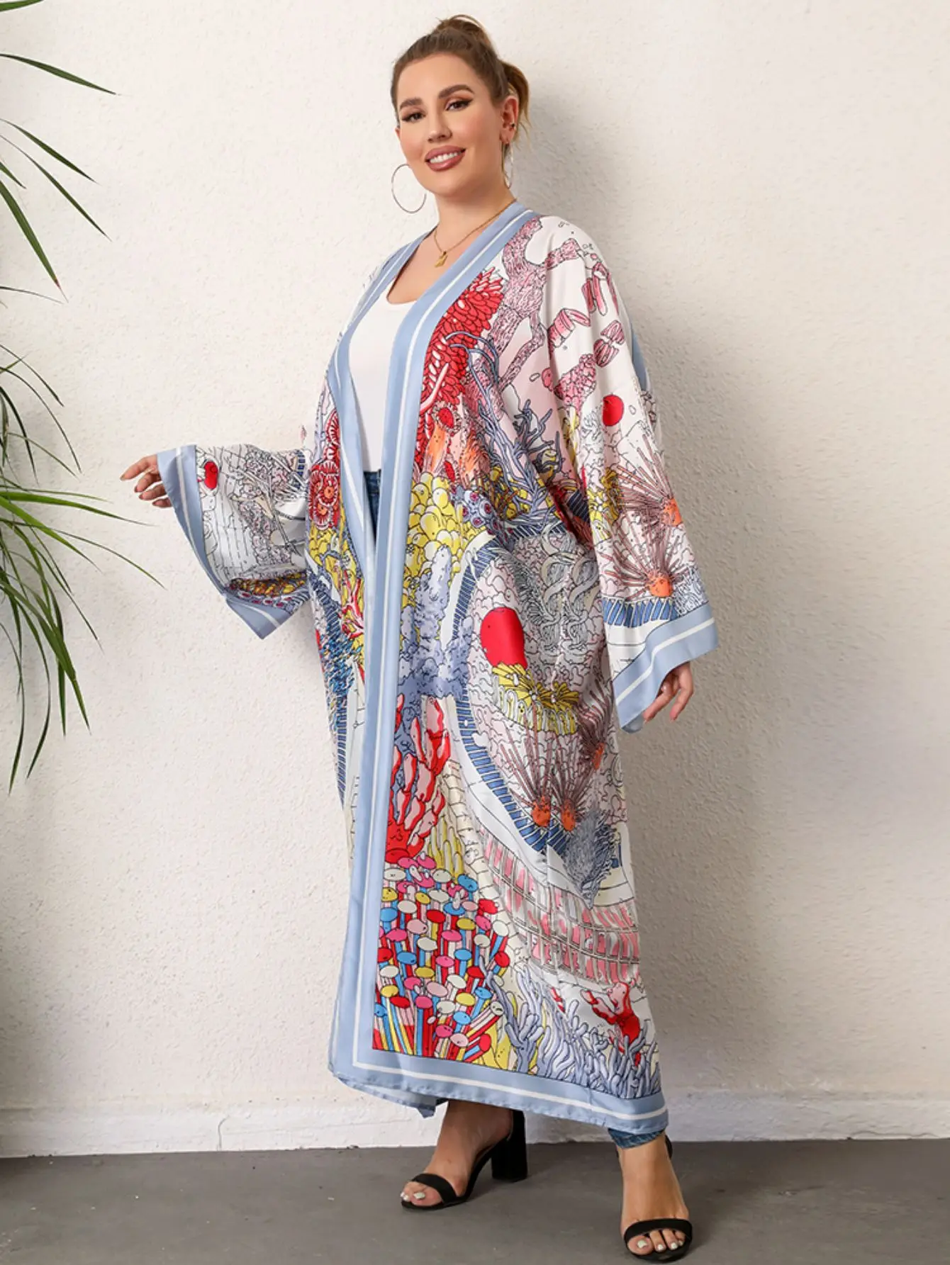 Plus rozmiar Boho Kimono damskie Plus tropikalny nadruk kontrastowe wiązanie z długim rękawem z przodu luźna Kimono plażowe