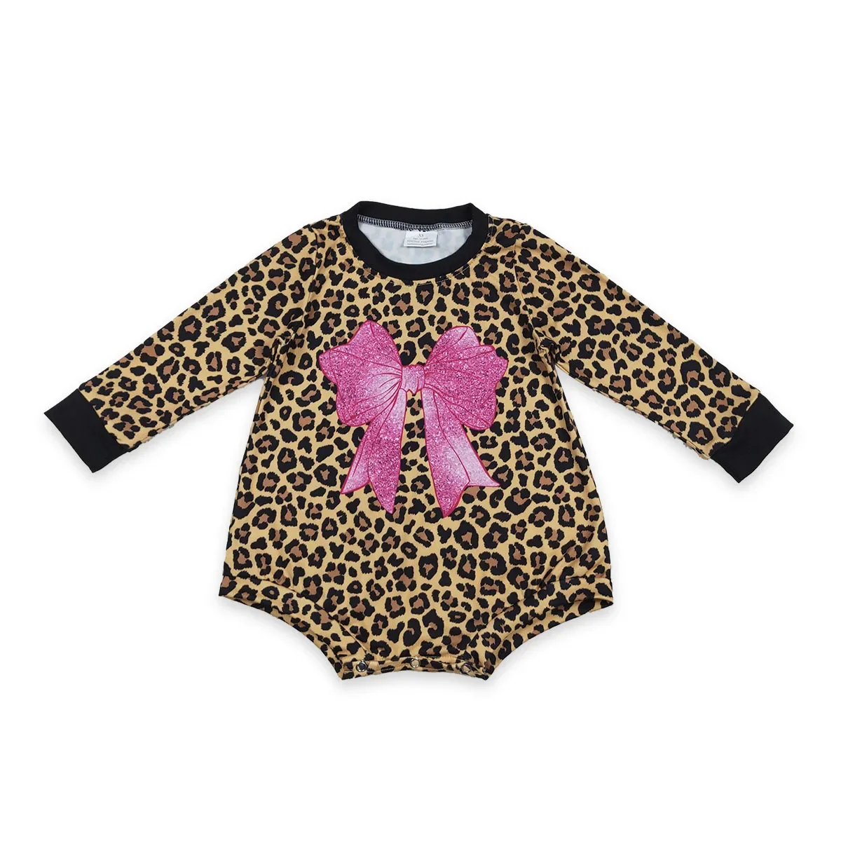 

Wholesale Baby Girl Newborn Long Sleeves One Piece Toddler Ruffle Leopard Pink Bows Bubble Romper Kids Children Infant Jumpsuit