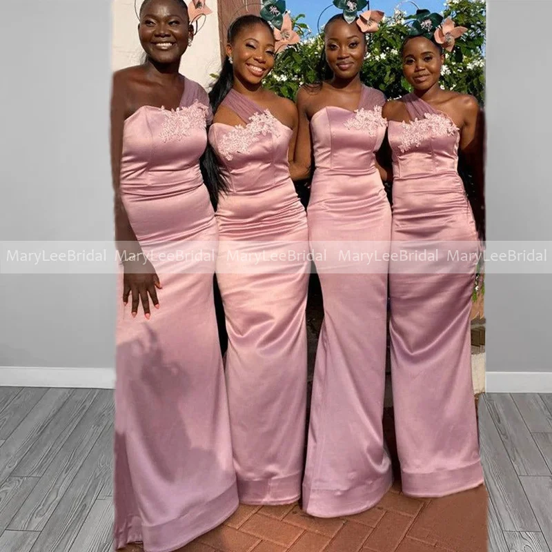Tulle One Shoulder Pink Bridesmaid Dresses Long Satin Mermaid Wedding Guest Dresses Women Formal Party Gowns Customized Robes