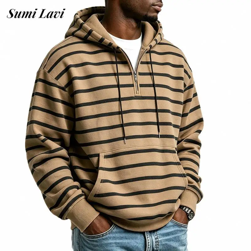 Autumn Winter Vintage Drawstring Hooded Sweatshirt Fashionable Contrast Color Stripe Long Sleeve Casual Top Daily Hoodie For Men