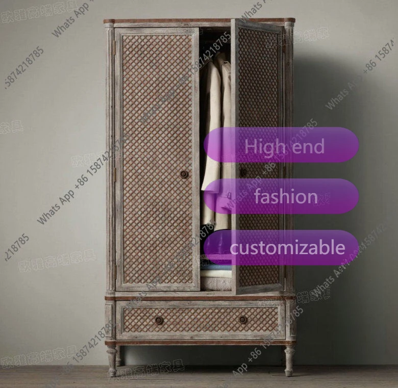 

Двустворчатый шкаф из массива дерева с ротанговыми вставками в средиземноморском стиле, европейский антикварный шкаф из дуба с резным узором, большой американский шкаф.