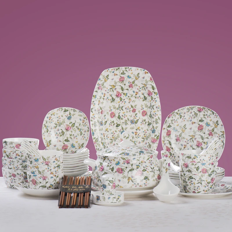 Conjunto de 46 peças, conjunto de louça de porcelana fina, conjunto de prato de jantar quadrado floral, tigela de jantar, serviço de jantar de cozinha