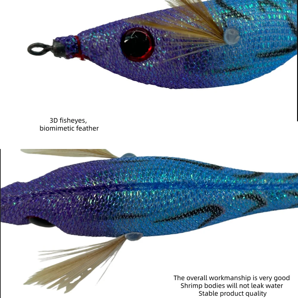 7.6g 9.6cm UV Horizontal Wooden Shrimp Squid Hook Jigging Lure Slow Sinking Bait with Rattle Beads For Octopus Cuttlefish view 5