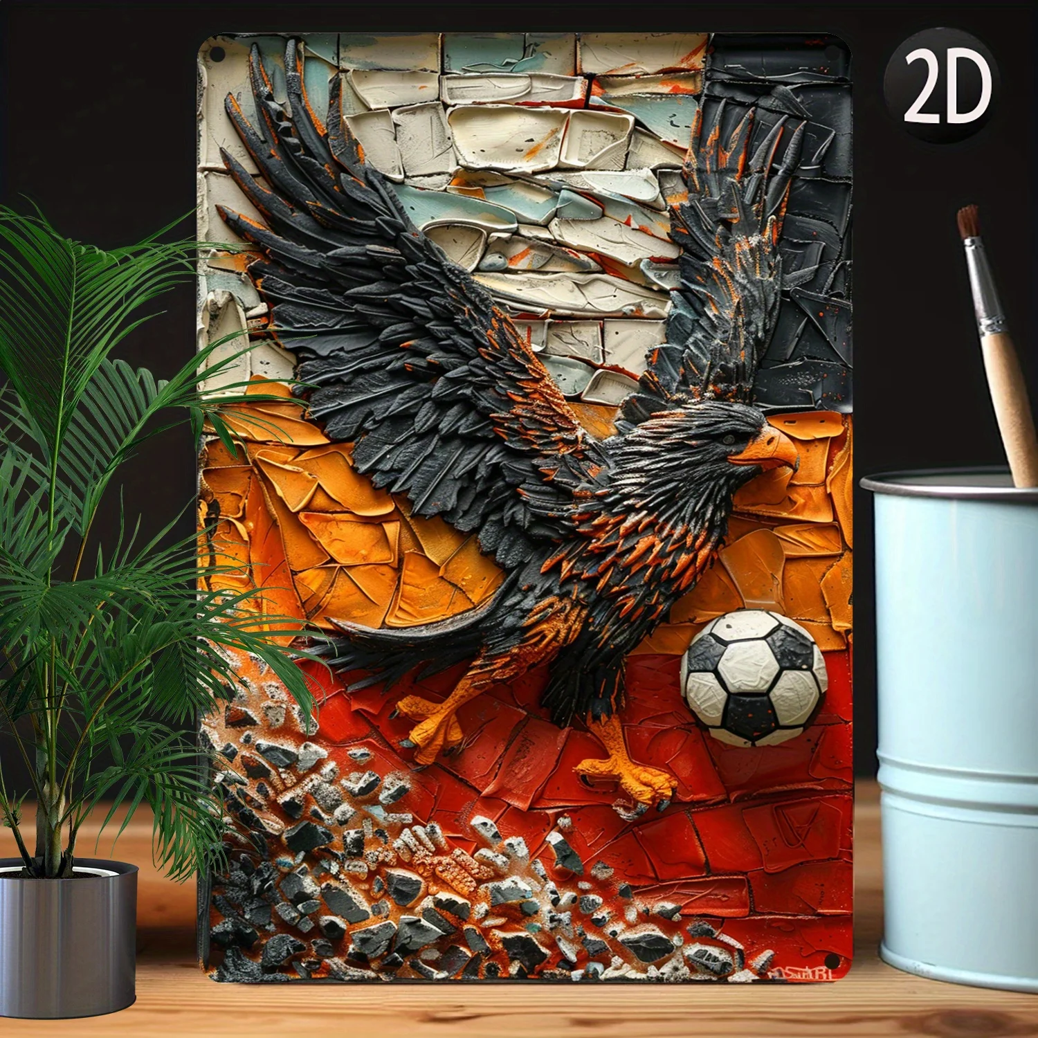 Aluminum Metal Wall Art Decor – 1pc 8x12 Inch 3D German Black Eagle with Soccer Ball, Moisture Resistant, High Bend Resistance