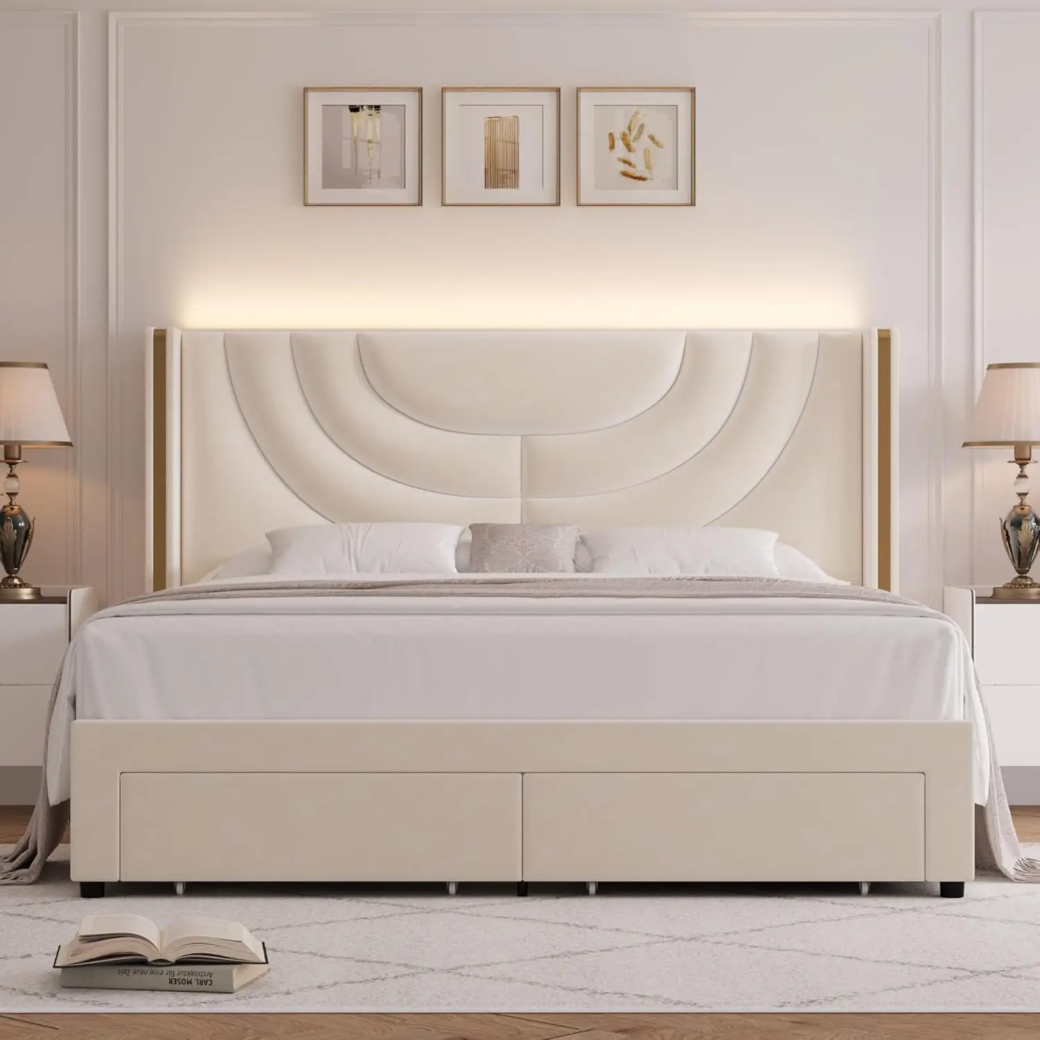 Upholstered LED bedstead with 2 storage drawers, solid wood Flat noodles support, headboard splicing design, beige